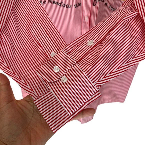 Quacker Factory  Red Striped Button Up Shirt Snowmen Embellish Winter Size: M - Picture 4 of 8